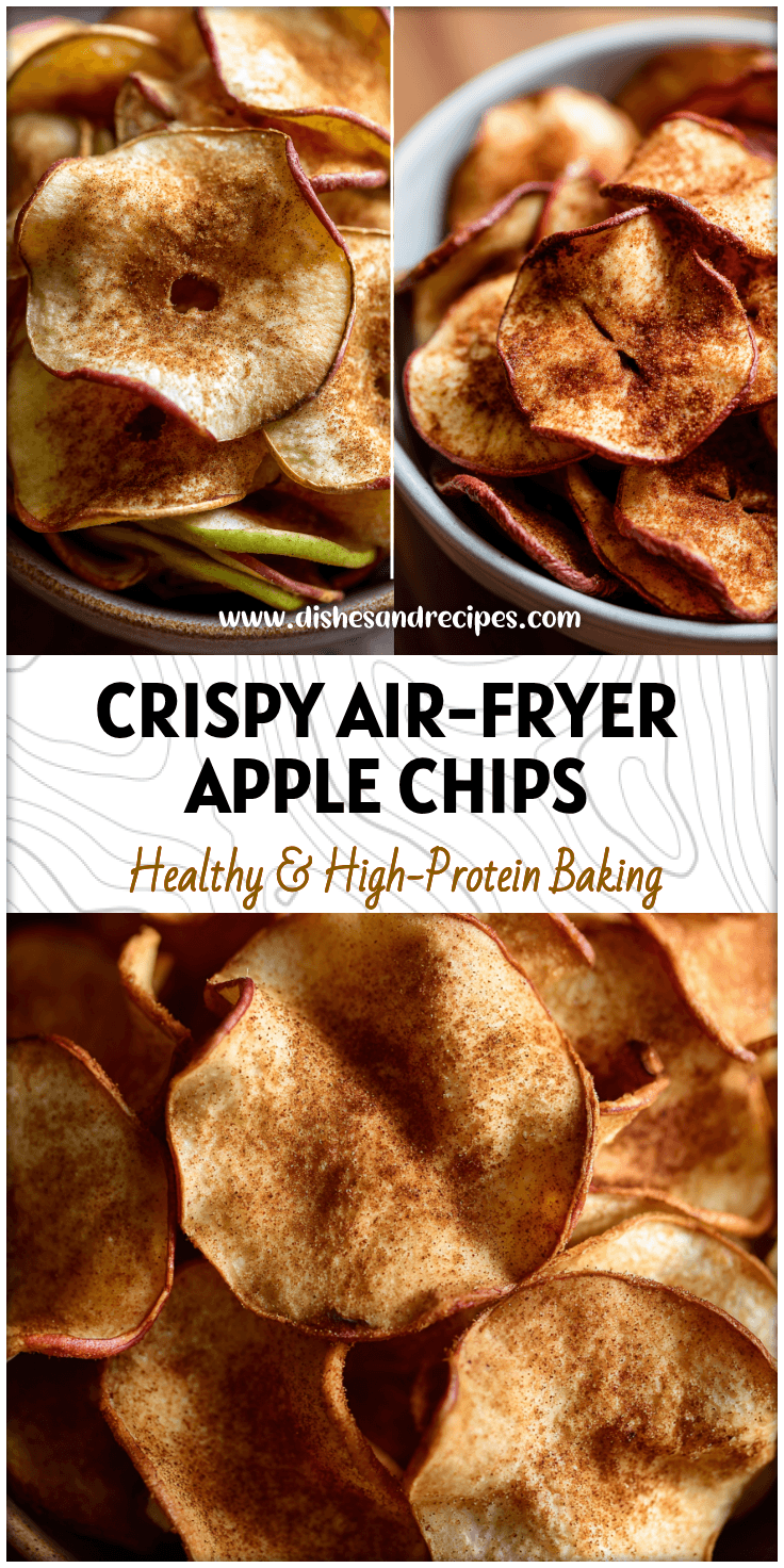 Golden Cinnamon Sugar Apple Chips stacked in a bowl showing the crisp texture of this Naturally Gluten Free snack.